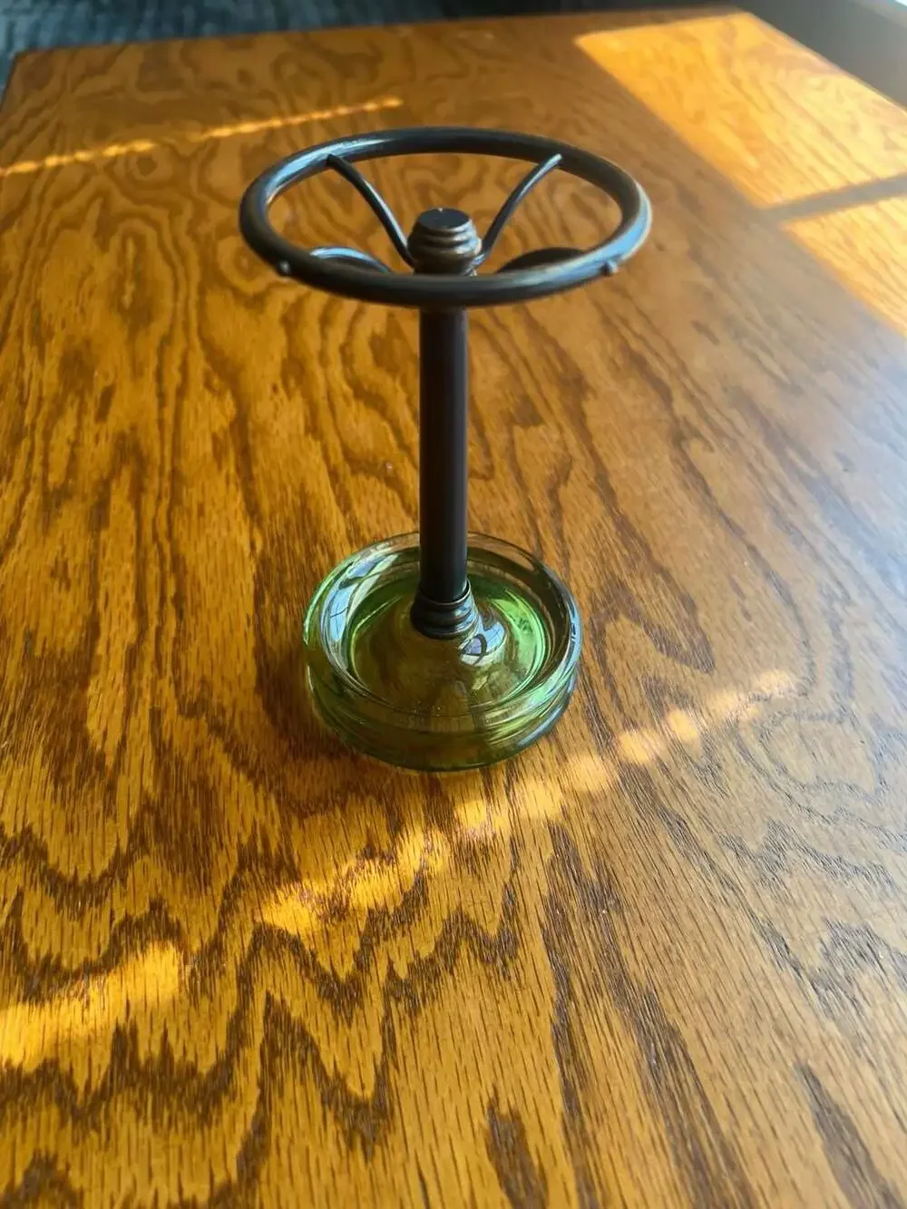 Industrial Green Glass and Bronze Metal Stand Holder